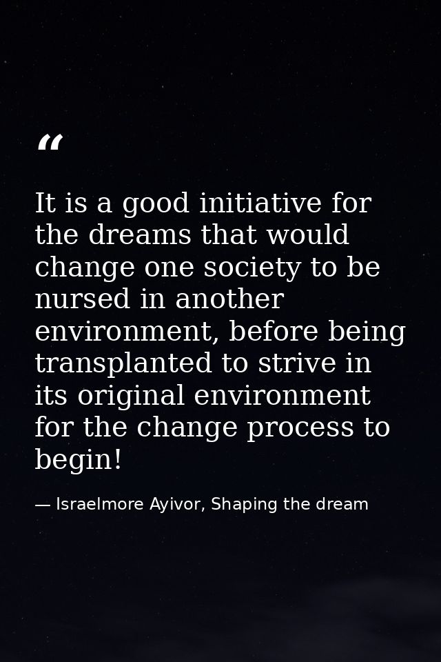 It is a good initiative for the dreams that would change one society to be nursed in another environment, before being t — Israelmore Ayivor, Shaping the dream