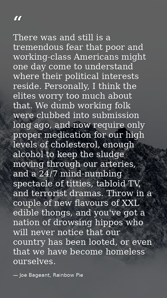 There was and still is a tremendous fear that poor and working-class Americans might one day come to understand where th — Joe Bageant, Rainbow Pie