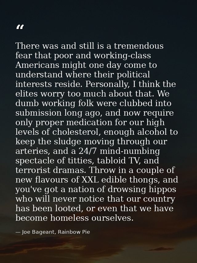 There was and still is a tremendous fear that poor and working-class Americans might one day come to understand where th — Joe Bageant, Rainbow Pie