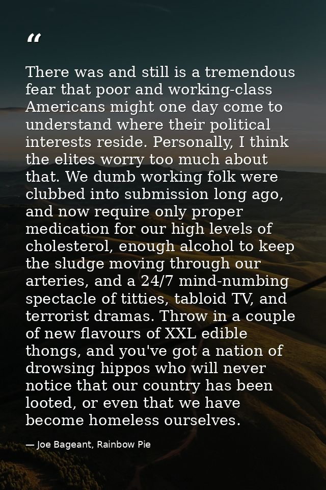 There was and still is a tremendous fear that poor and working-class Americans might one day come to understand where th — Joe Bageant, Rainbow Pie
