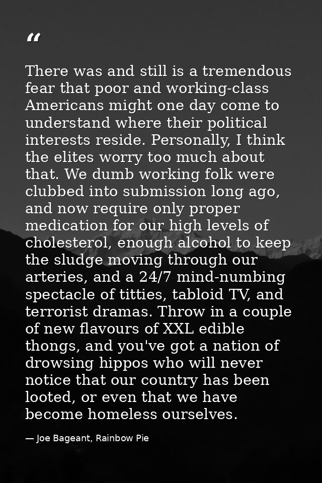 There was and still is a tremendous fear that poor and working-class Americans might one day come to understand where th — Joe Bageant, Rainbow Pie