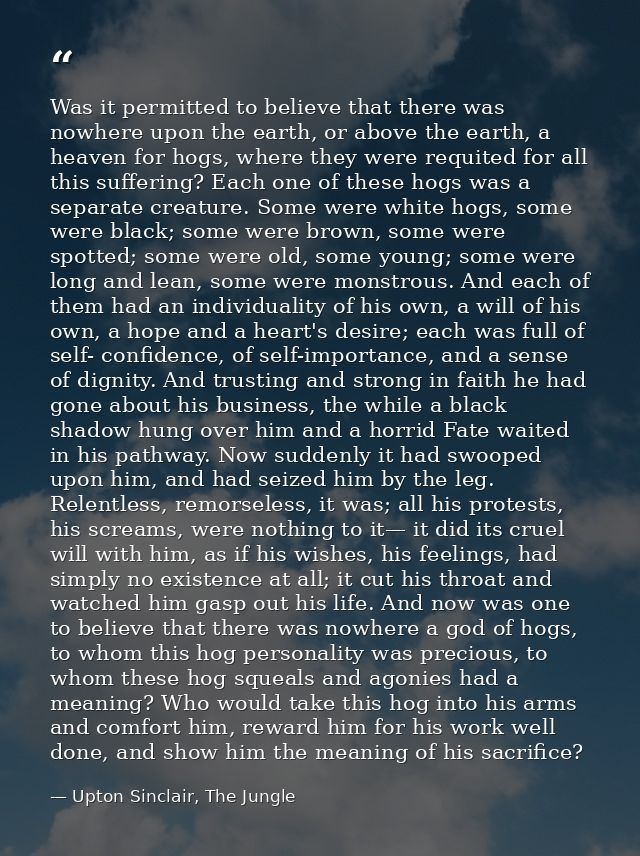 Was it permitted to believe that there was nowhere upon the earth, or above the earth, a heaven for hogs, where they wer — Upton Sinclair, The Jungle