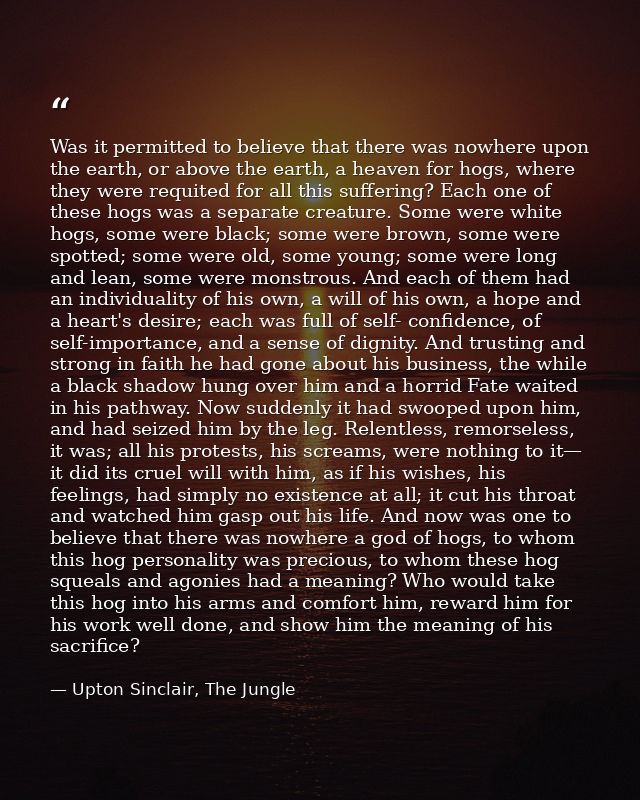 Was it permitted to believe that there was nowhere upon the earth, or above the earth, a heaven for hogs, where they wer — Upton Sinclair, The Jungle