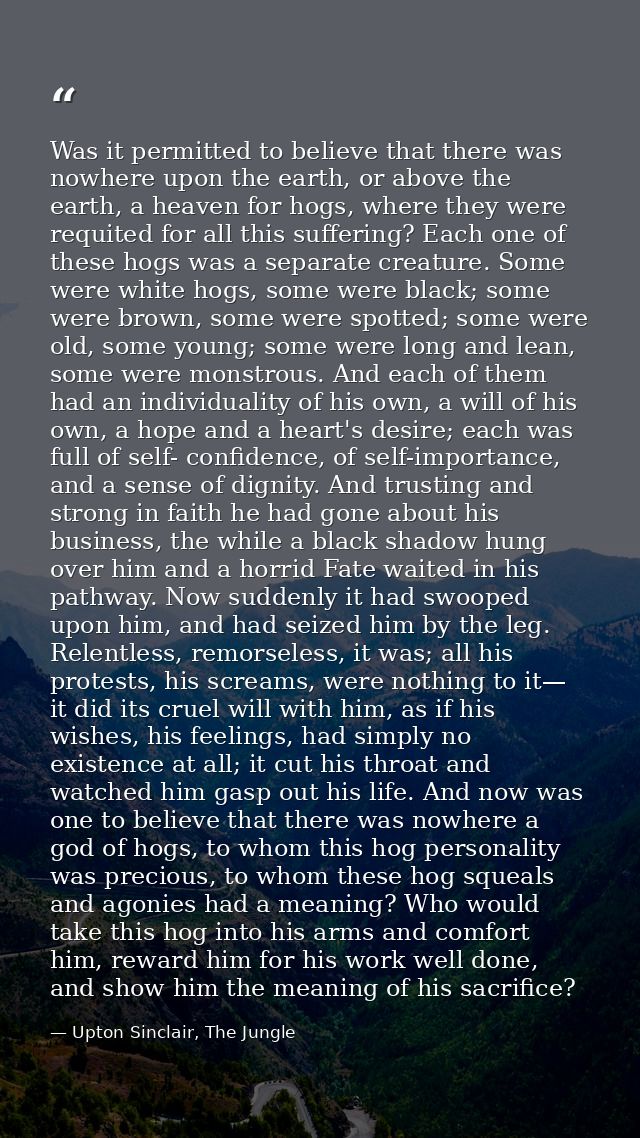 Was it permitted to believe that there was nowhere upon the earth, or above the earth, a heaven for hogs, where they wer — Upton Sinclair, The Jungle
