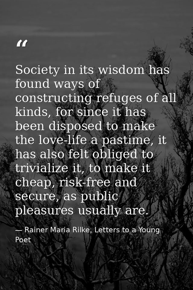 Society in its wisdom has found ways of constructing refuges of all kinds, for since it has been disposed to make the lo — Rainer Maria Rilke, Letters to a Young Poet