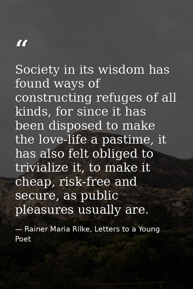 Society in its wisdom has found ways of constructing refuges of all kinds, for since it has been disposed to make the lo — Rainer Maria Rilke, Letters to a Young Poet