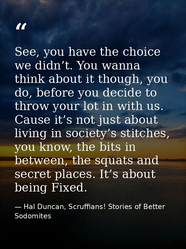 See, you have the choice we didn’t. You wanna think about it though, you do, before you decide to throw your lot in with — Hal Duncan, Scruffians! Stories of Better Sodomites