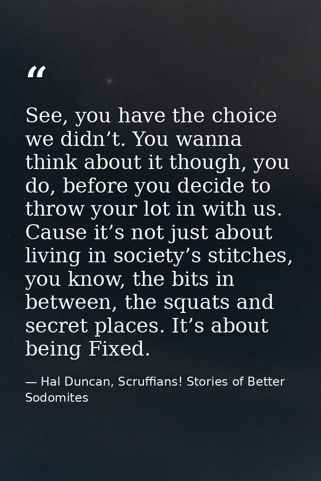 See, you have the choice we didn’t. You wanna think about it though, you do, before you decide to throw your lot in with — Hal Duncan, Scruffians! Stories of Better Sodomites