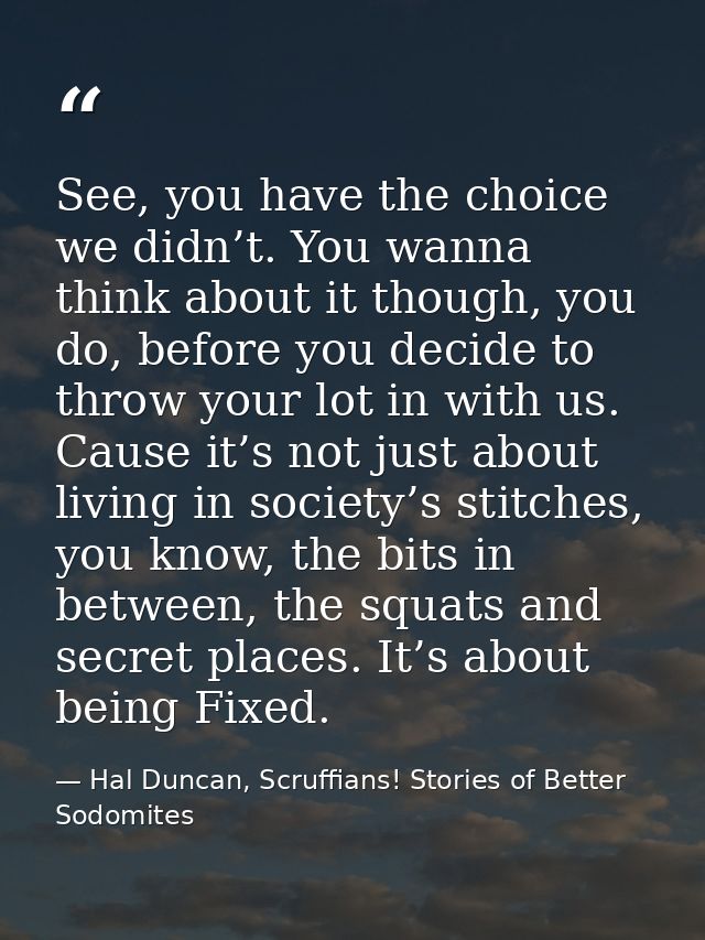 See, you have the choice we didn’t. You wanna think about it though, you do, before you decide to throw your lot in with — Hal Duncan, Scruffians! Stories of Better Sodomites