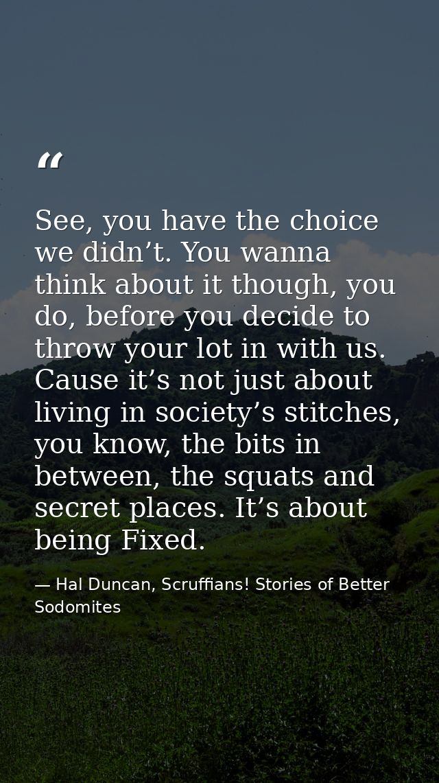 See, you have the choice we didn’t. You wanna think about it though, you do, before you decide to throw your lot in with — Hal Duncan, Scruffians! Stories of Better Sodomites