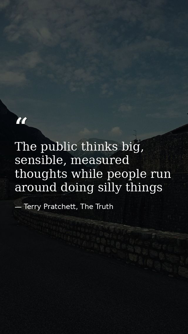 The public thinks big, sensible, measured thoughts while people run around doing silly things — Terry Pratchett, The Truth
