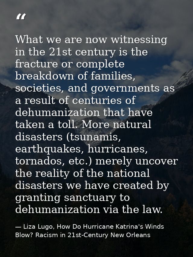What we are now witnessing in the 21st century is the fracture or complete breakdown of families, societies, and governm — Liza Lugo, How Do Hurricane Katrina's Winds Blow? Racism in 21st-Century New Orleans