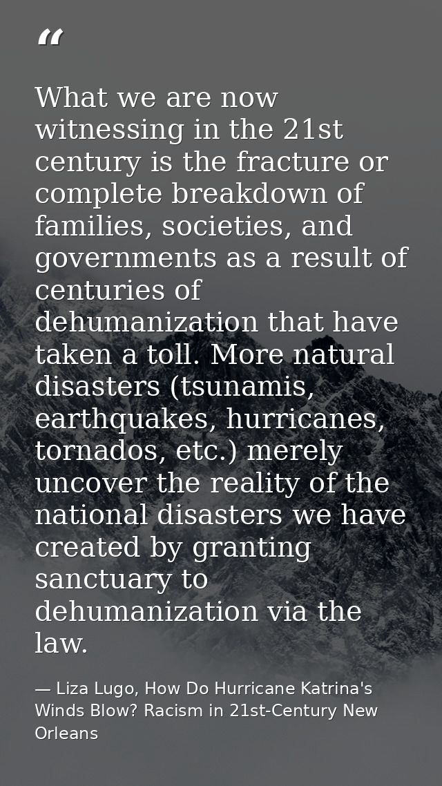 What we are now witnessing in the 21st century is the fracture or complete breakdown of families, societies, and governm — Liza Lugo, How Do Hurricane Katrina's Winds Blow? Racism in 21st-Century New Orleans