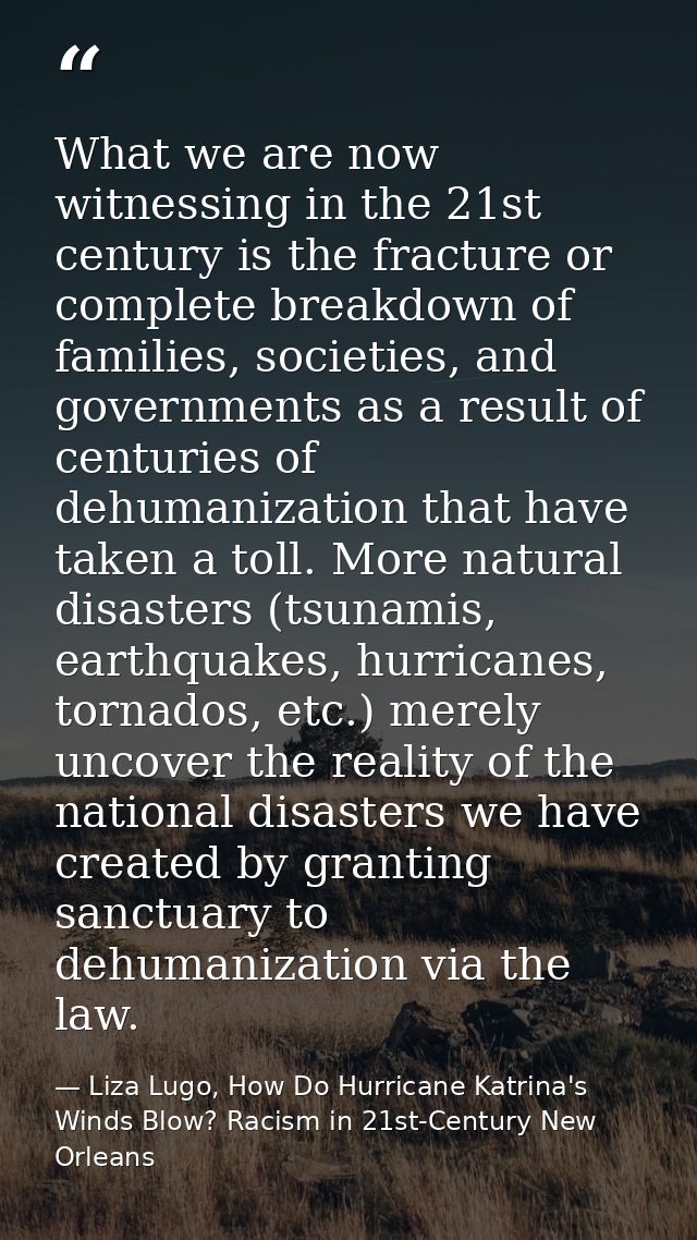 What we are now witnessing in the 21st century is the fracture or complete breakdown of families, societies, and governm — Liza Lugo, How Do Hurricane Katrina's Winds Blow? Racism in 21st-Century New Orleans