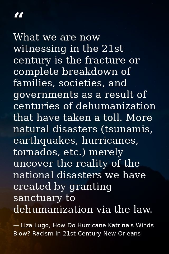 What we are now witnessing in the 21st century is the fracture or complete breakdown of families, societies, and governm — Liza Lugo, How Do Hurricane Katrina's Winds Blow? Racism in 21st-Century New Orleans