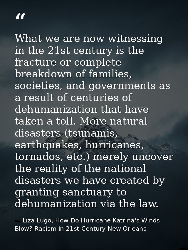 What we are now witnessing in the 21st century is the fracture or complete breakdown of families, societies, and governm — Liza Lugo, How Do Hurricane Katrina's Winds Blow? Racism in 21st-Century New Orleans
