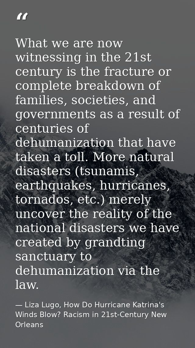 What we are now witnessing in the 21st century is the fracture or complete breakdown of families, societies, and governm — Liza Lugo, How Do Hurricane Katrina's Winds Blow? Racism in 21st-Century New Orleans