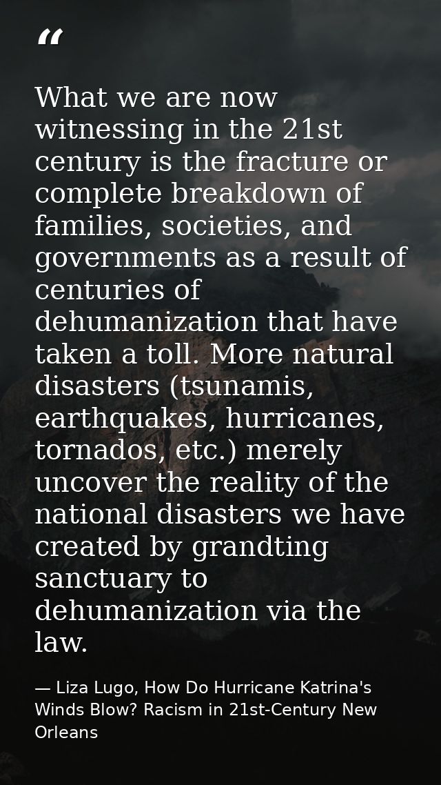 What we are now witnessing in the 21st century is the fracture or complete breakdown of families, societies, and governm — Liza Lugo, How Do Hurricane Katrina's Winds Blow? Racism in 21st-Century New Orleans