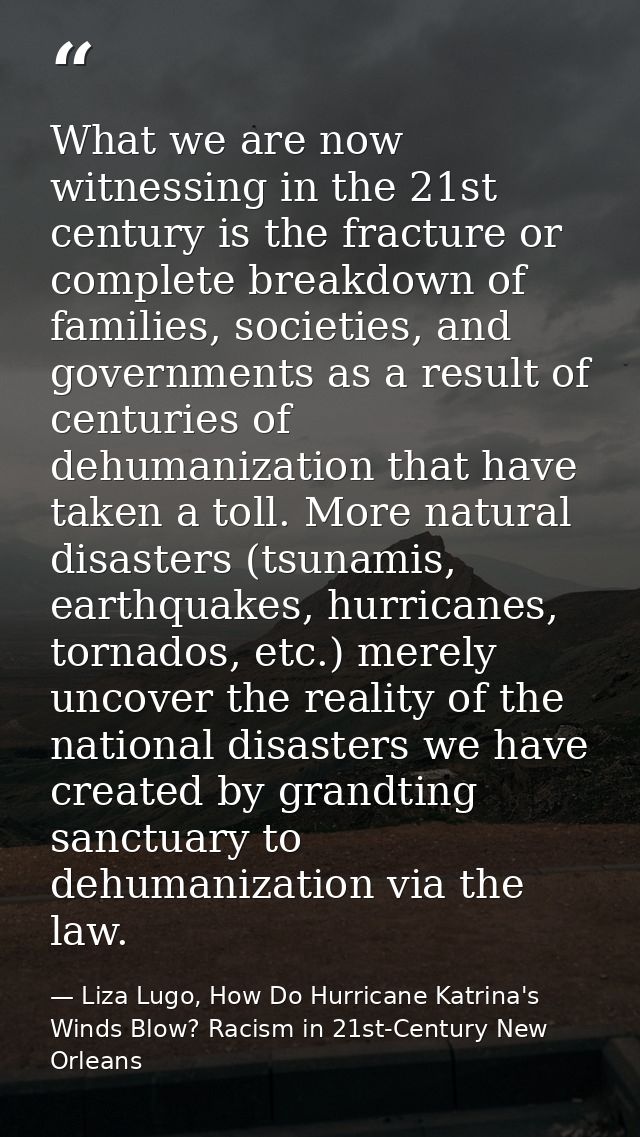 What we are now witnessing in the 21st century is the fracture or complete breakdown of families, societies, and governm — Liza Lugo, How Do Hurricane Katrina's Winds Blow? Racism in 21st-Century New Orleans