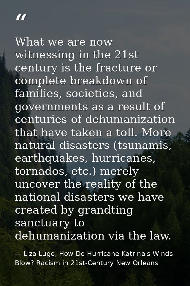 What we are now witnessing in the 21st century is the fracture or complete breakdown of families, societies, and governm — Liza Lugo, How Do Hurricane Katrina's Winds Blow? Racism in 21st-Century New Orleans