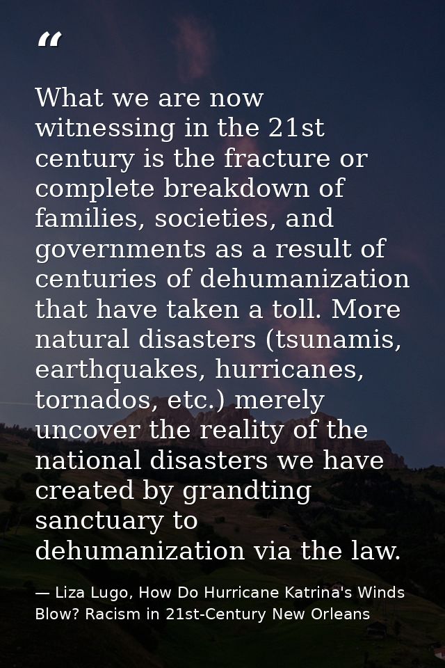 What we are now witnessing in the 21st century is the fracture or complete breakdown of families, societies, and governm — Liza Lugo, How Do Hurricane Katrina's Winds Blow? Racism in 21st-Century New Orleans