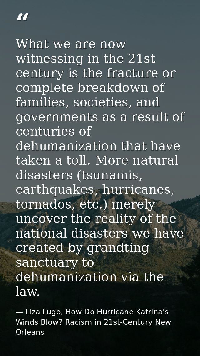 What we are now witnessing in the 21st century is the fracture or complete breakdown of families, societies, and governm — Liza Lugo, How Do Hurricane Katrina's Winds Blow? Racism in 21st-Century New Orleans