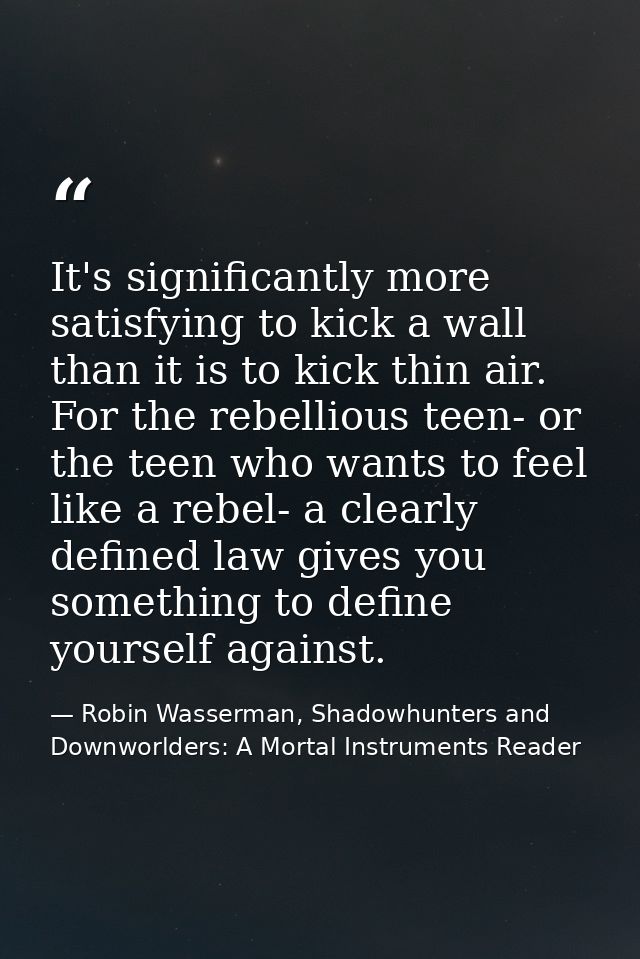 It's significantly more satisfying to kick a wall than it is to kick thin air. For the rebellious teen- or the teen who  — Robin Wasserman, Shadowhunters and Downworlders: A Mortal Instruments Reader