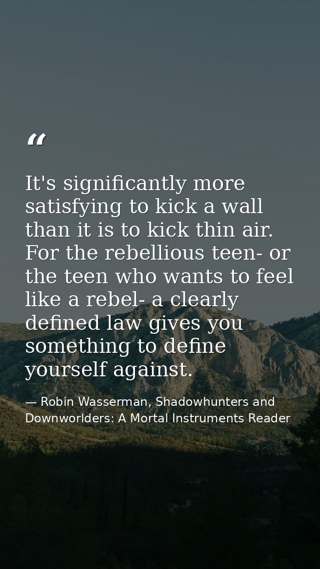 It's significantly more satisfying to kick a wall than it is to kick thin air. For the rebellious teen- or the teen who  — Robin Wasserman, Shadowhunters and Downworlders: A Mortal Instruments Reader