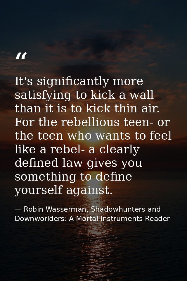 It's significantly more satisfying to kick a wall than it is to kick thin air. For the rebellious teen- or the teen who  — Robin Wasserman, Shadowhunters and Downworlders: A Mortal Instruments Reader
