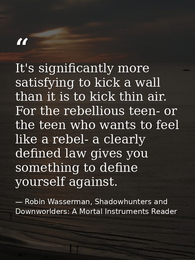 It's significantly more satisfying to kick a wall than it is to kick thin air. For the rebellious teen- or the teen who  — Robin Wasserman, Shadowhunters and Downworlders: A Mortal Instruments Reader