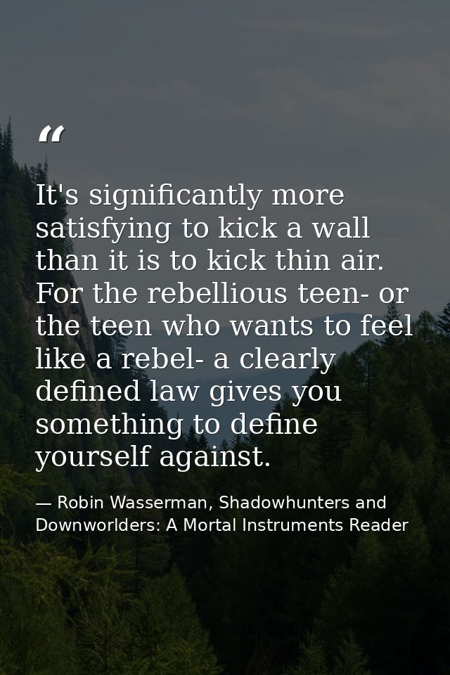 It's significantly more satisfying to kick a wall than it is to kick thin air. For the rebellious teen- or the teen who  — Robin Wasserman, Shadowhunters and Downworlders: A Mortal Instruments Reader