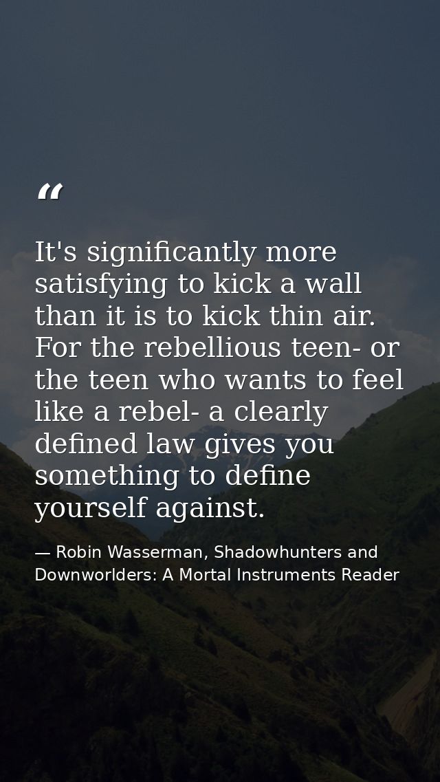 It's significantly more satisfying to kick a wall than it is to kick thin air. For the rebellious teen- or the teen who  — Robin Wasserman, Shadowhunters and Downworlders: A Mortal Instruments Reader