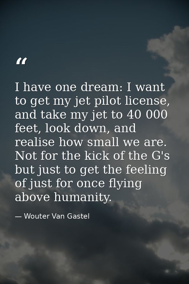 I have one dream: I want to get my jet pilot license, and take my jet to 40 000 feet, look down, and realise how small w — Wouter Van Gastel