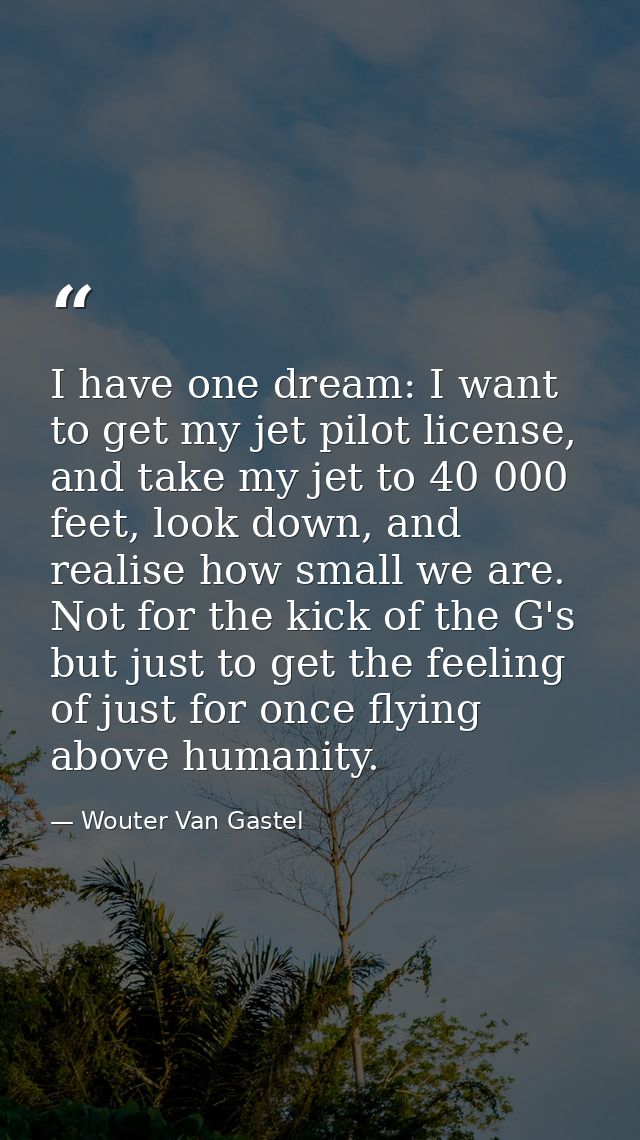 I have one dream: I want to get my jet pilot license, and take my jet to 40 000 feet, look down, and realise how small w — Wouter Van Gastel