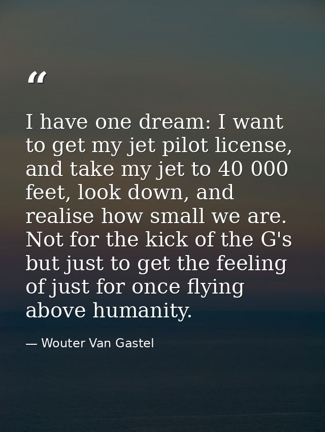 I have one dream: I want to get my jet pilot license, and take my jet to 40 000 feet, look down, and realise how small w — Wouter Van Gastel