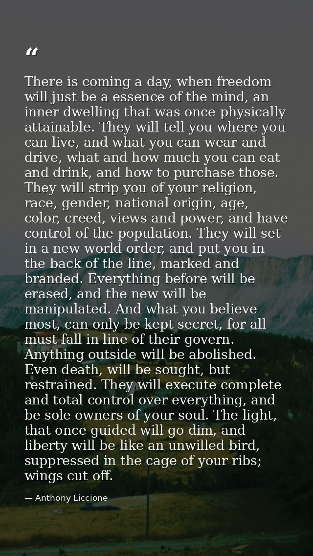 There is coming a day, when freedom will just be a essence of the mind, an inner dwelling that was once physically attai — Anthony Liccione
