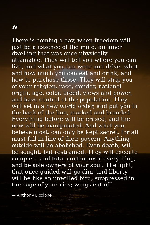 There is coming a day, when freedom will just be a essence of the mind, an inner dwelling that was once physically attai — Anthony Liccione