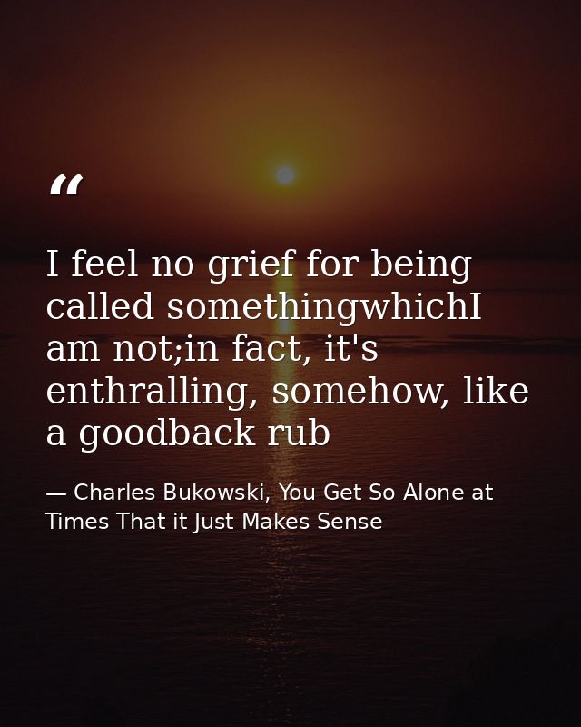 I feel no grief for being called somethingwhichI am not;in fact, it's enthralling, somehow, like a goodback rub — Charles Bukowski, You Get So Alone at Times That it Just Makes Sense