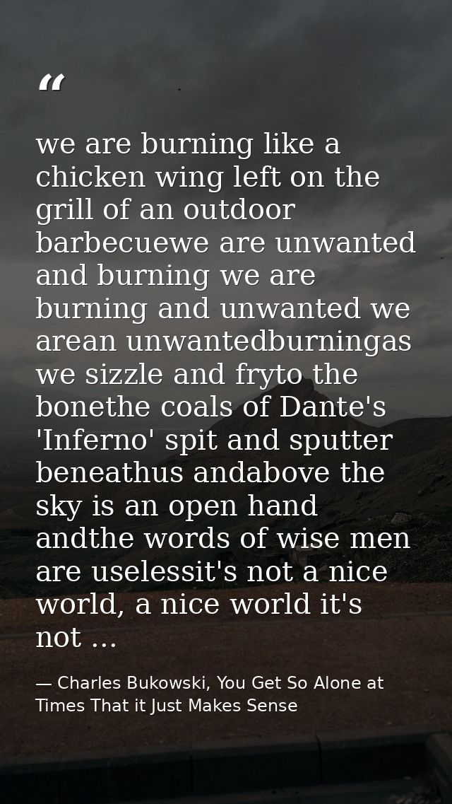 we are burning like a chicken wing left on the grill of an outdoor barbecuewe are unwanted and burning we are burning an — Charles Bukowski, You Get So Alone at Times That it Just Makes Sense