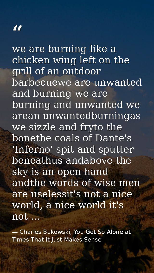 we are burning like a chicken wing left on the grill of an outdoor barbecuewe are unwanted and burning we are burning an — Charles Bukowski, You Get So Alone at Times That it Just Makes Sense