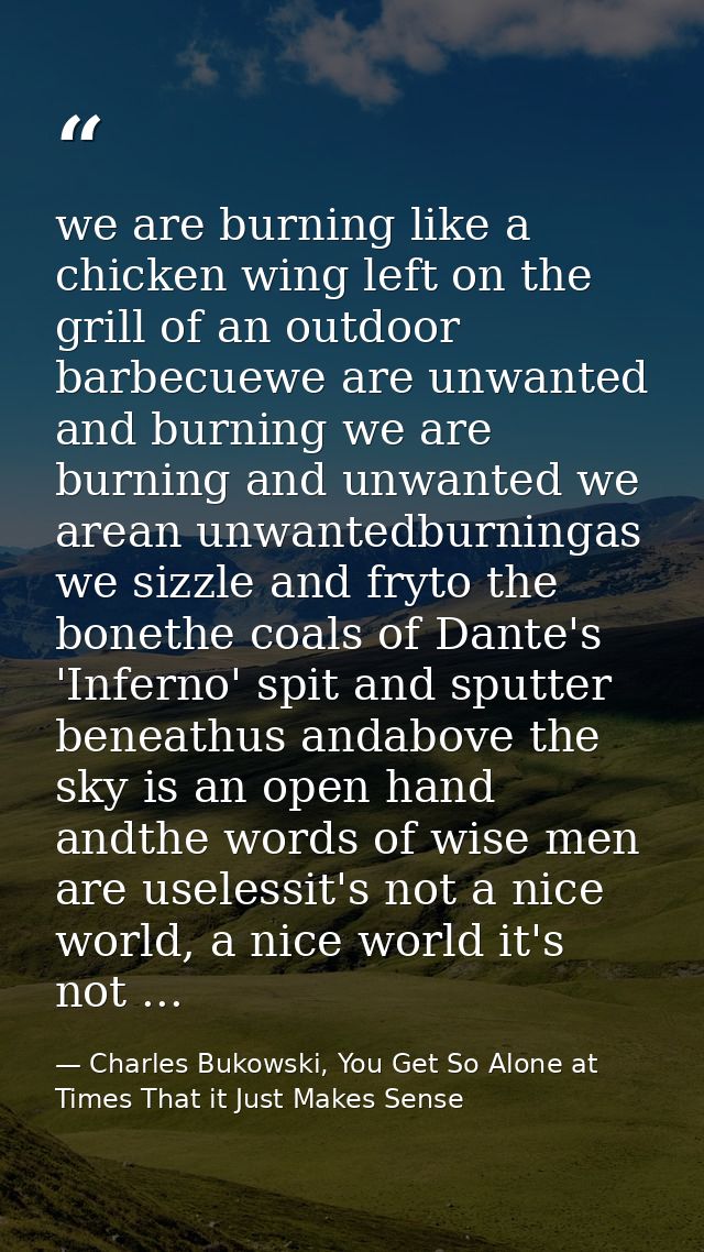 we are burning like a chicken wing left on the grill of an outdoor barbecuewe are unwanted and burning we are burning an — Charles Bukowski, You Get So Alone at Times That it Just Makes Sense