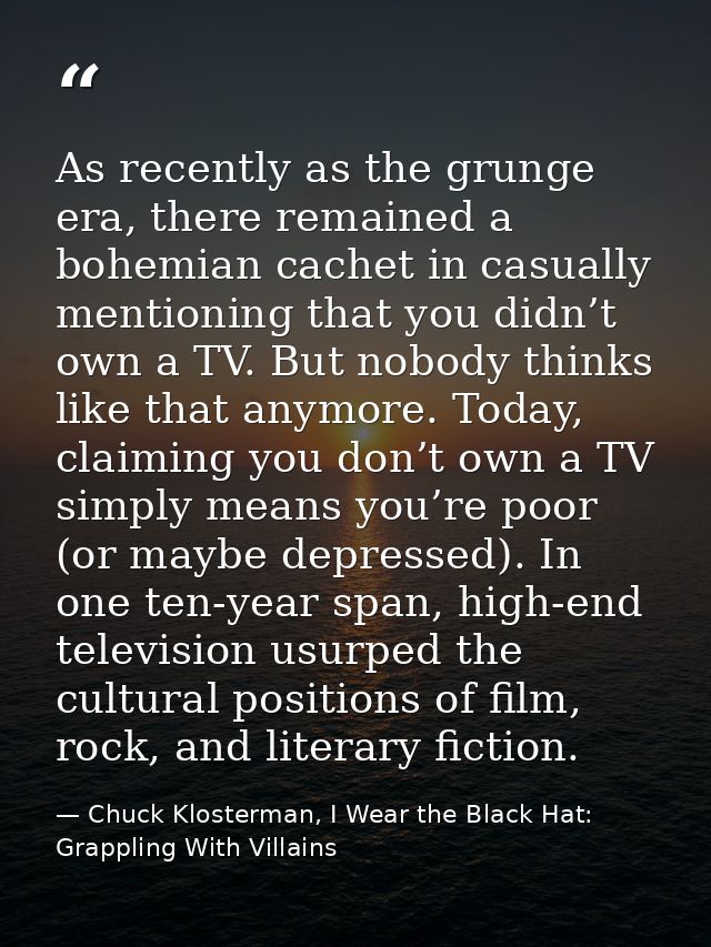 As recently as the grunge era, there remained a bohemian cachet in casually mentioning that you didn’t own a TV. But nob — Chuck Klosterman, I Wear the Black Hat: Grappling With Villains