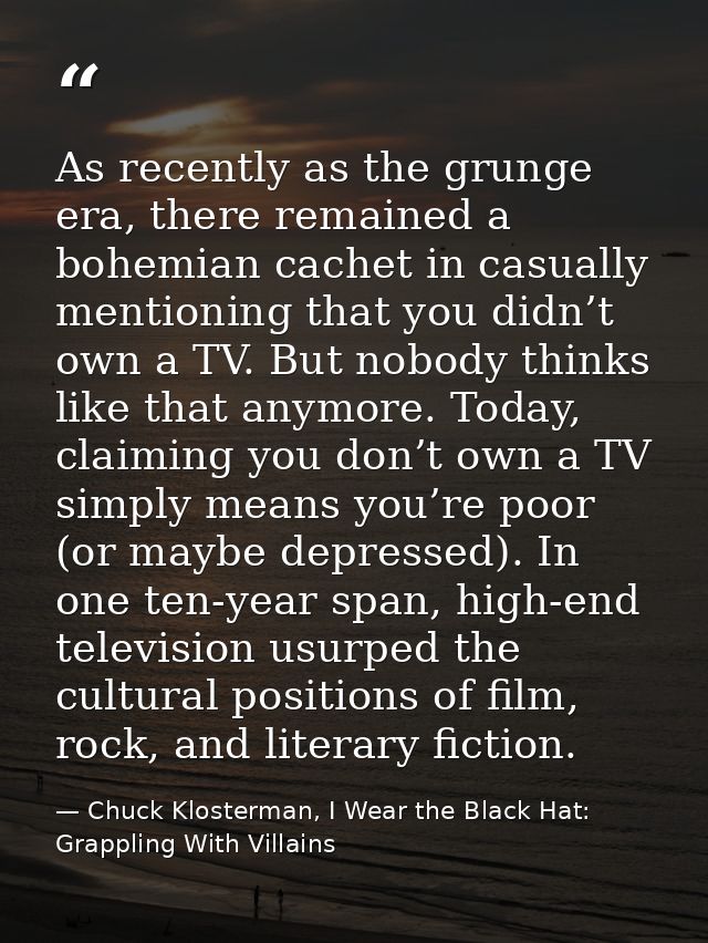 As recently as the grunge era, there remained a bohemian cachet in casually mentioning that you didn’t own a TV. But nob — Chuck Klosterman, I Wear the Black Hat: Grappling With Villains