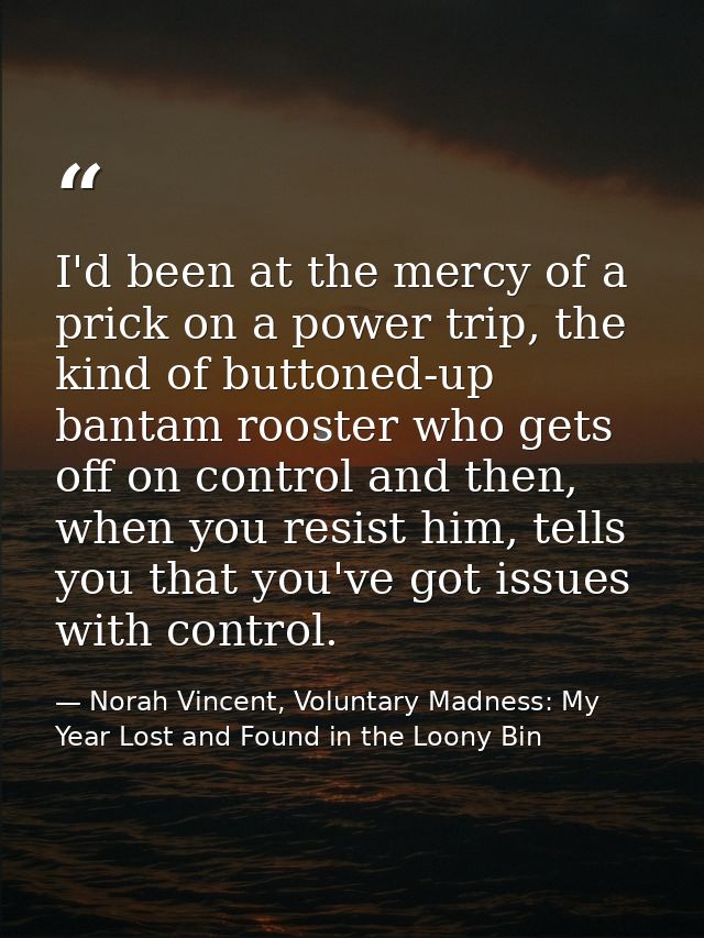 I'd been at the mercy of a prick on a power trip, the kind of buttoned-up bantam rooster who gets off on control and the — Norah Vincent, Voluntary Madness: My Year Lost and Found in the Loony Bin