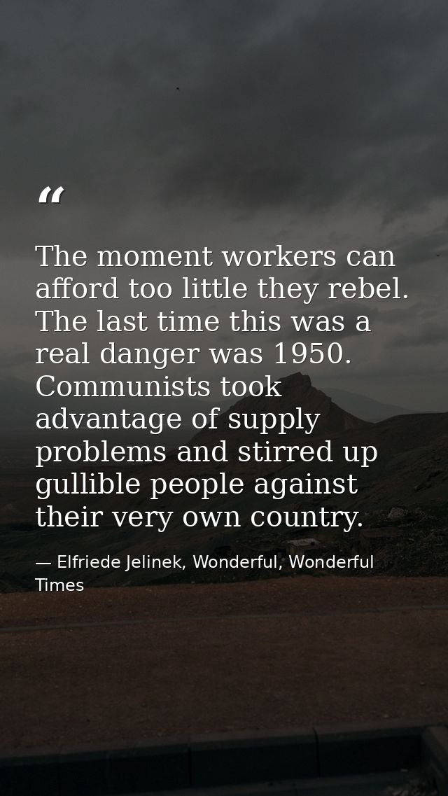 The moment workers can afford too little they rebel. The last time this was a real danger was 1950. Communists took adva — Elfriede Jelinek, Wonderful, Wonderful Times