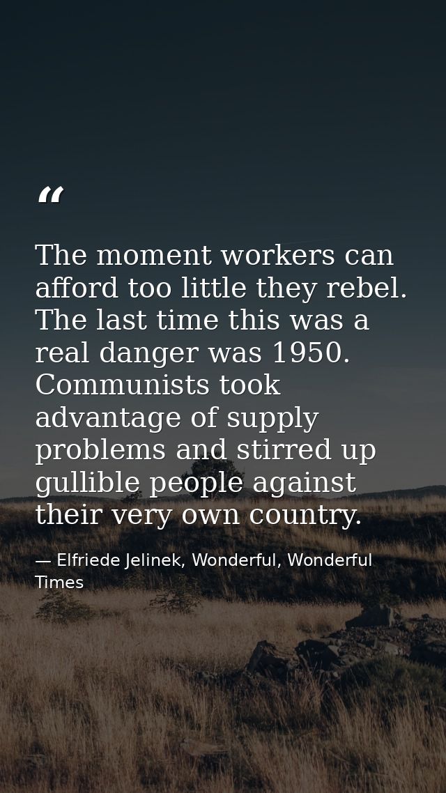 The moment workers can afford too little they rebel. The last time this was a real danger was 1950. Communists took adva — Elfriede Jelinek, Wonderful, Wonderful Times