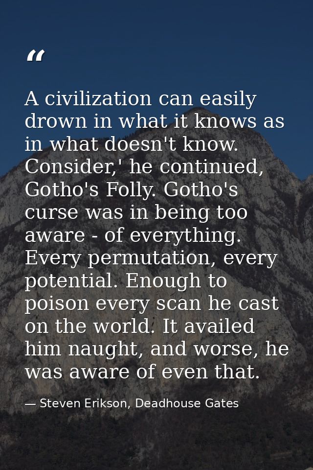 A civilization can easily drown in what it knows as in what doesn't know. Consider,' he continued, Gotho's Folly. Gotho' — Steven Erikson, Deadhouse Gates
