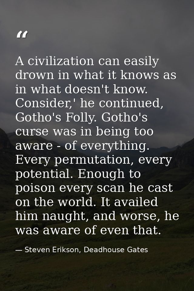 A civilization can easily drown in what it knows as in what doesn't know. Consider,' he continued, Gotho's Folly. Gotho' — Steven Erikson, Deadhouse Gates