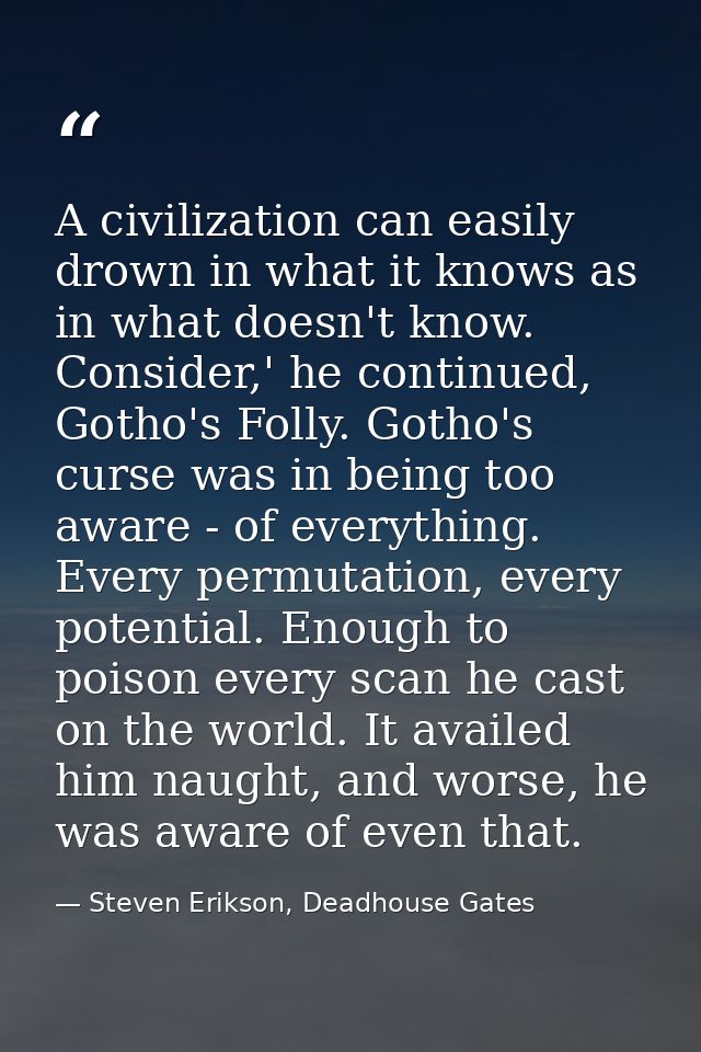 A civilization can easily drown in what it knows as in what doesn't know. Consider,' he continued, Gotho's Folly. Gotho' — Steven Erikson, Deadhouse Gates