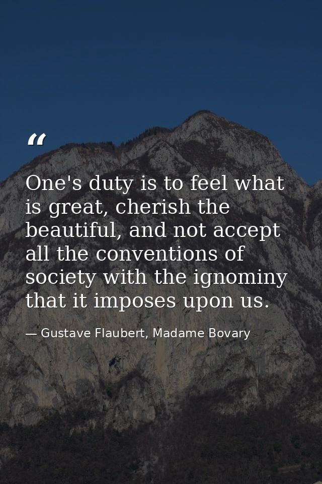 One's duty is to feel what is great, cherish the beautiful, and not accept all the conventions of society with the ignom — Gustave Flaubert, Madame Bovary